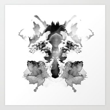 Forme abstraite en noir et blanc, évoquant un motif symétrique et fluide.