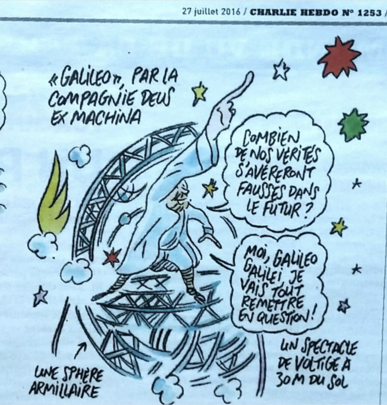 Un dessin humoristique de Galilée discutant d'une théorie sur l'univers.
