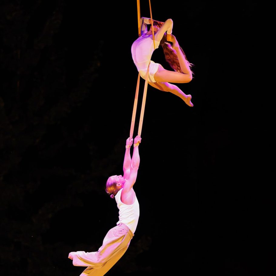 Deux acrobates se balançant ensemble sur des cordes, en plein vol.