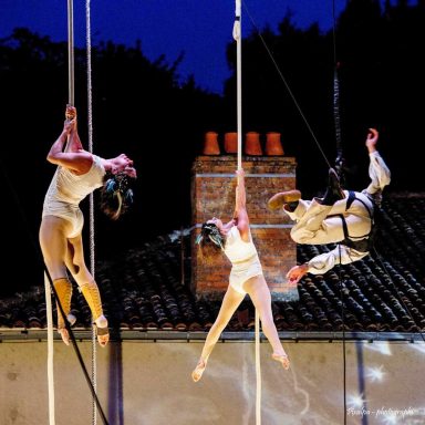 Artistes de cirque s'engageant dans des acrobaties aériennes sur des cordes.