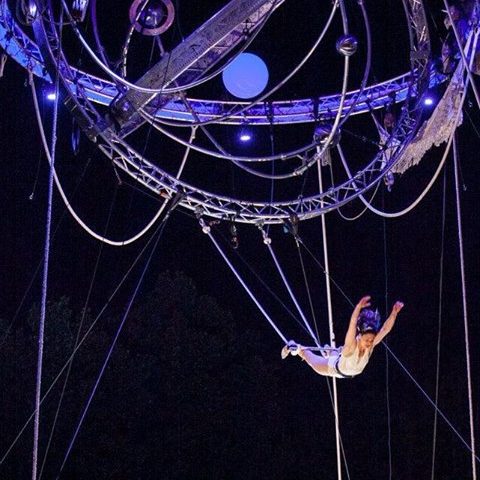 Artiste de cirque en suspension, exécutant des figures acrobatiques sous des lumières violettes.